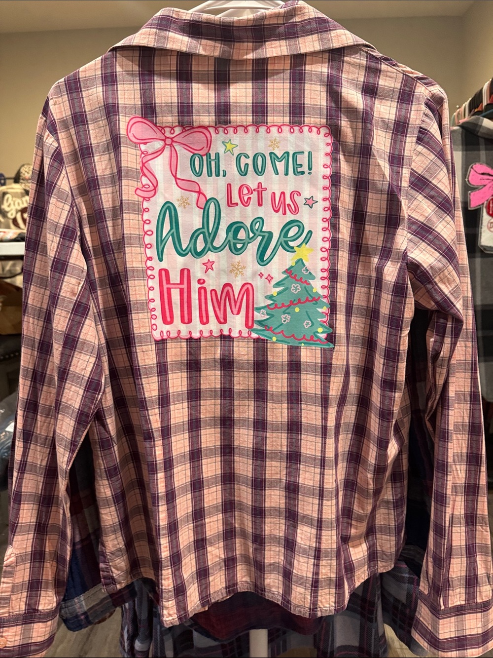 Plaid Pink & Purple Girls' Flannel Shirt with Holiday Patch